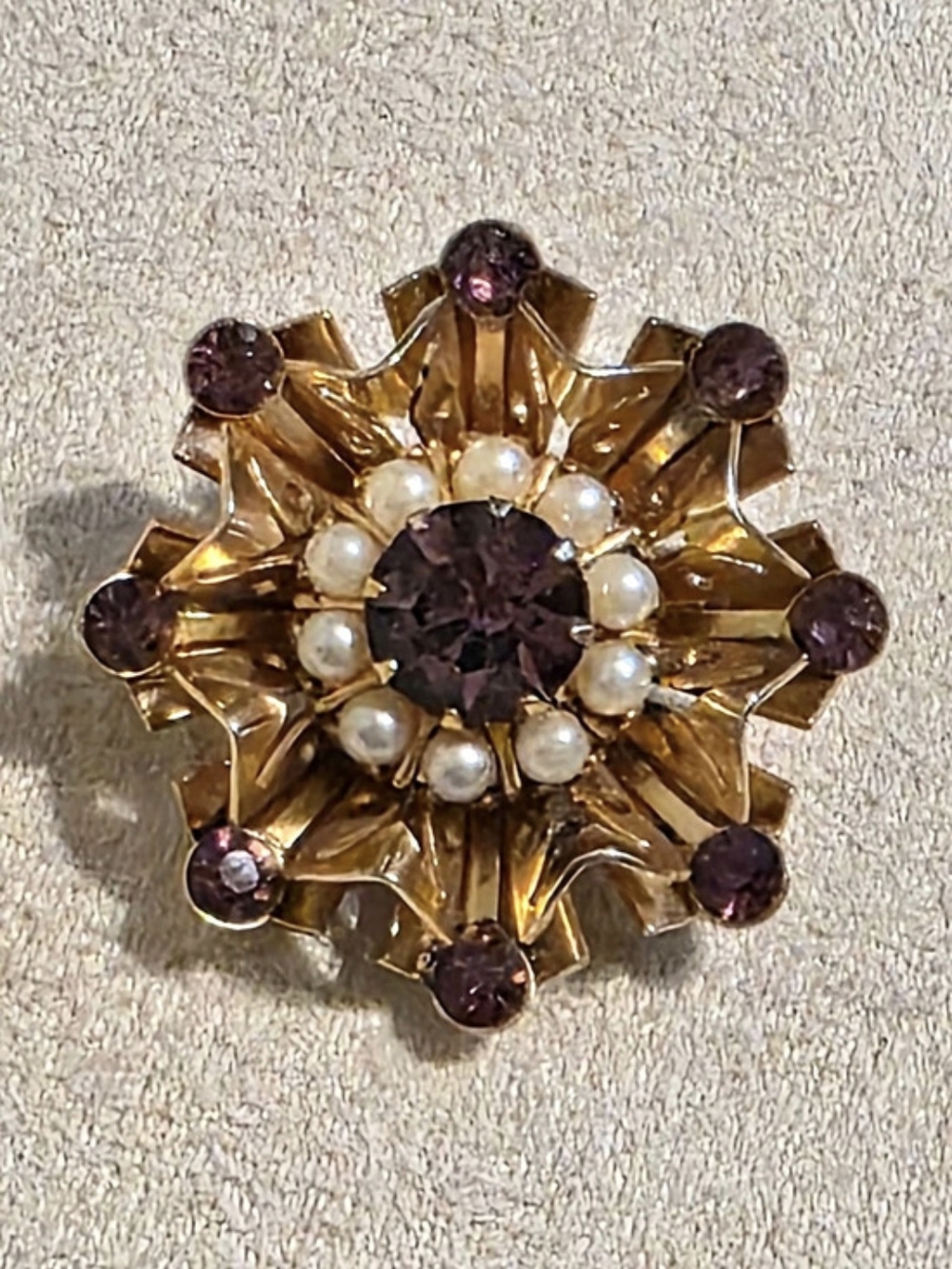 Vintage Coro Signed Starburst Brooch Purple Amethyst Rhinestone Faux Pearl MCM